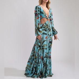 PatBO Tropical Print Hand-Beaded Cutout Maxi Dress size small